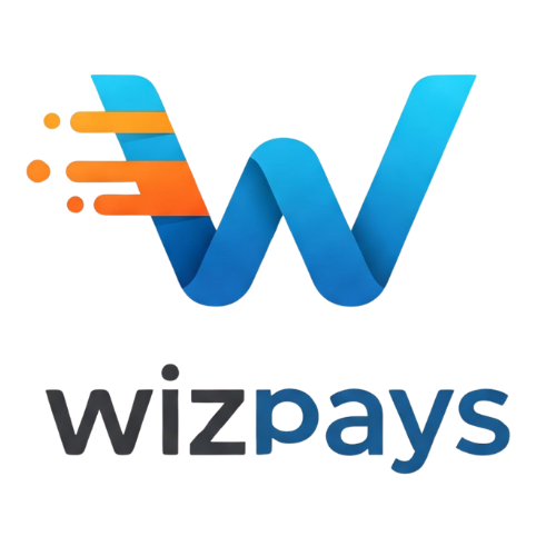 wizpays logo white text with blue icon
